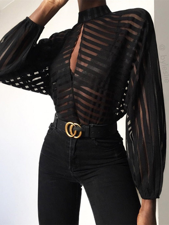 Stripes Keyhole Front Mesh Blouse