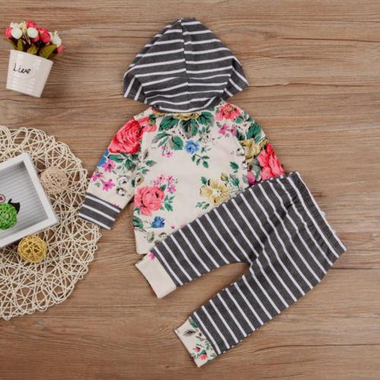 2pcs Newborn Baby Girls Clothes Sets Hooded T-shirt Tops Long Sleeve Hooded Striped Flower Pants Outfits Set Clothing