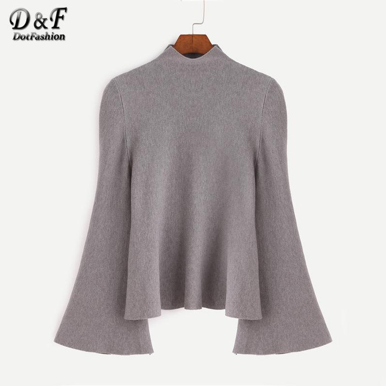 Dotfashion Mock Neck Bell Sleeve Jersey Sweater 2017 Women Turtleneck Loose Pullovers Long Sleeve Elegant Sweater