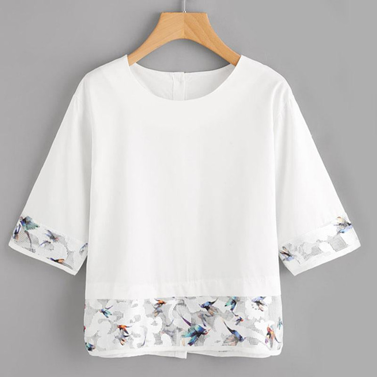 Dotfashion Mesh Paneled Button Back Blouse 2017 White Half Sleeve Print Zipper Top Summer Round Neck Tunic Casual Blouse