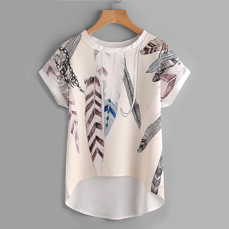Dotfashion Floral Print Batwing Sleeve Dip Hem Blouse 2017 Summer Beige Round Neck High Low Blouse Women's Casual Tops