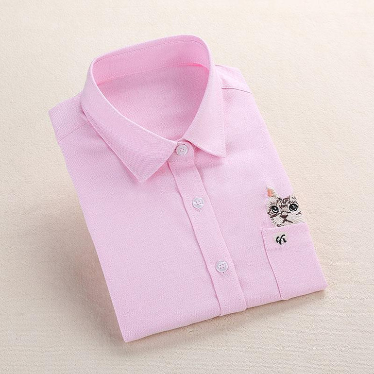 Dioufond Women School Shirt White Blue Tops Ladies Blouses Long Sleeve Shirt Female Office Top Pocket With Cat Embroidery