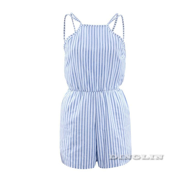GZDL Casual Summer Women Beach Party Playsuit Sexy Slim Striped Halter Bodysuit Backless Off Shoulder Rompers Jumpsuit CL2841