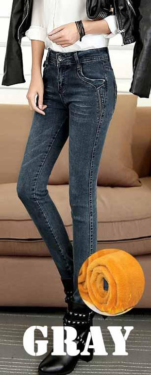 Guoran Skinny Jeans Female Denim Pants Casual Trousers Thick Warm Slim Pencil Pants Velvet Stretch High Waist Jeans Women Winter