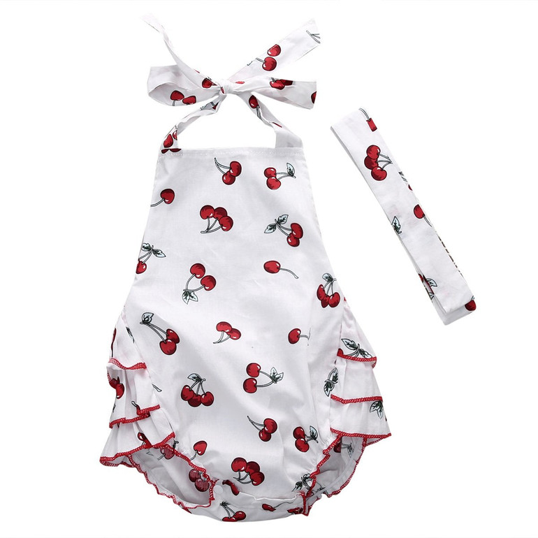 2Pcs/Set Baby Kids Girl's Sleeveless Cherry Print Playsuit Jumpsuit Rompers One-Pieces +Headband