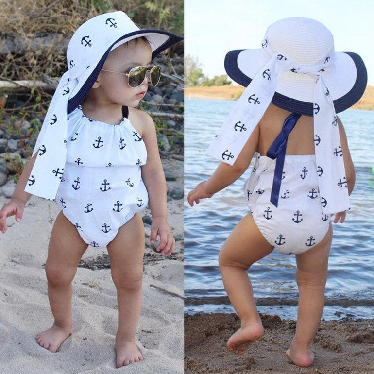 2Pcs/Set ! Newborn Infant Kids Toddler Baby Girls Clothes Bowknot Anchor Romper Backless Jumpsuit +headband Outfits Sunsuit
