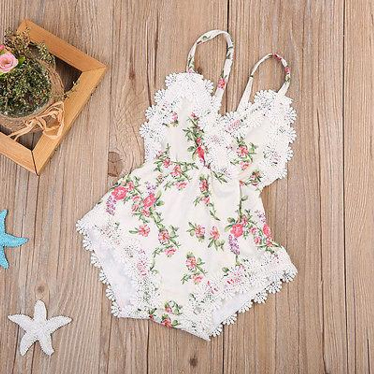 Newborn Kids Baby Girls Clothes Floral Back Cross Romper Outfits Lace V-Neck Jumpsuit Romper Playsuit