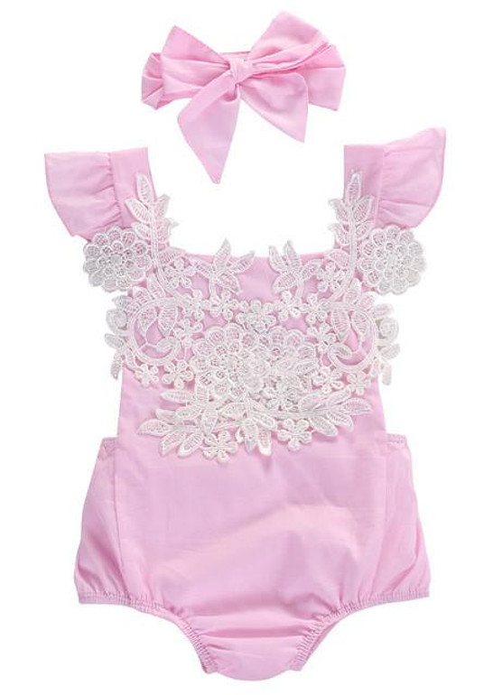 Cute Newborn Baby Girls Bodysuit Lace Floral Pink Bodysuit Jumpsuit+Headband Outfits Sunsuit Clothes