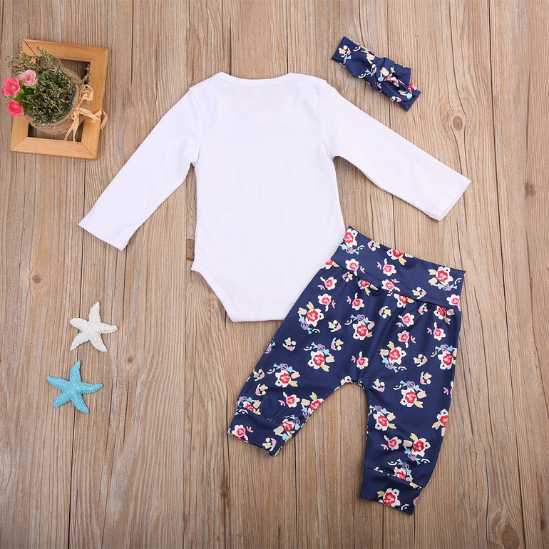 3PCS Newborn Baby Girl Clothes Set Long Sleeve Letter Print Cotton Romper Bodysuit +Floral Long Pant Headband Outfit Bebek Giyim
