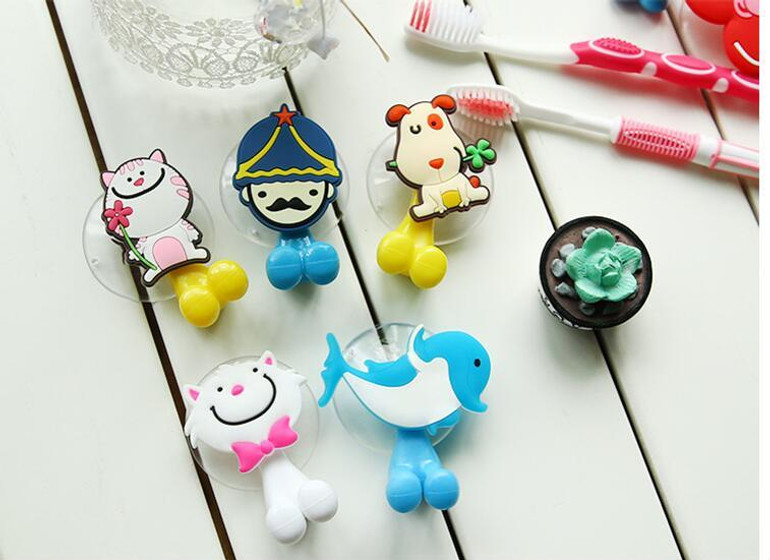 Cute Cartoon suction cup toothbrush holder hooks hanger bathroom set accessories