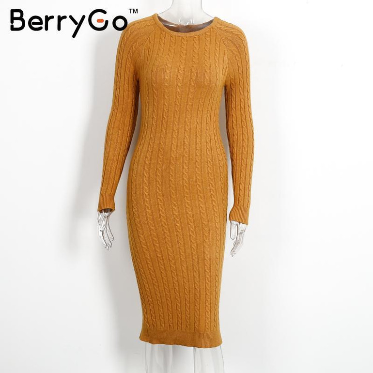 BerryGo Winter split knitted bodycon dress women Sexy long sleeve midi dress 2016 Elegant warm slim sweater dress vestidoes