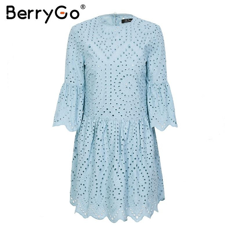 BerryGo Lace embroidery cotton mini dress women Ruffle sleeve causal white dress Hollow out spring short dress vestidos