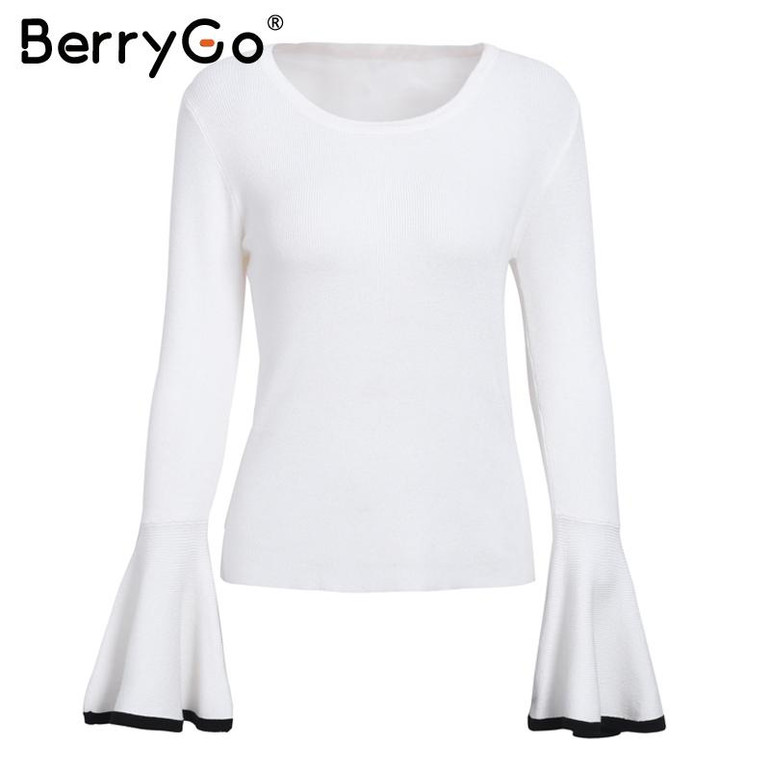 BerryGo Fashion autumn winter sweater women tops Sexy flare sleeve white knitting pullover Casual soft elastic jumper pull femme