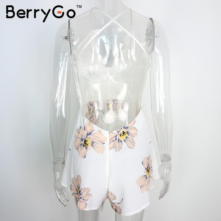 BerryGo Boho floral white lace elegant jumpsuit romper Sexy backless strap summer beach playsuit Women chiffon short overalls