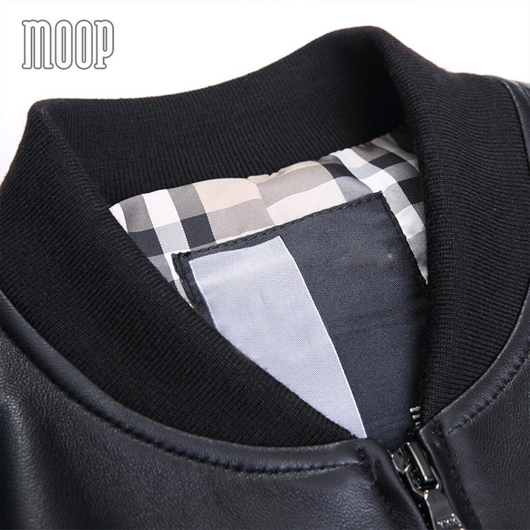 Embroidery design Lambskin genuine leather bomber jacket black ribbed collar biker jackets manteau homme jaqueta de couro LT1322