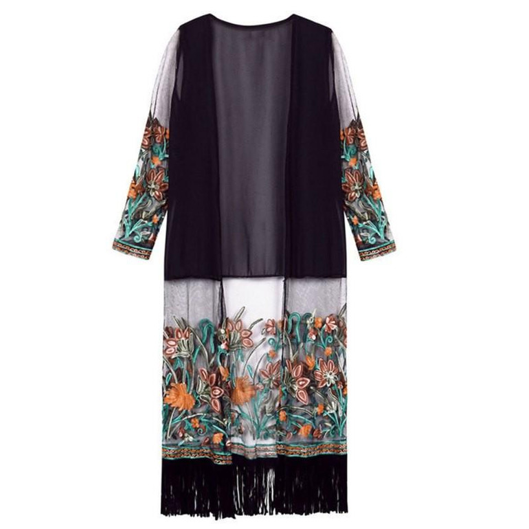 Embroidered Floral Retro Long Kimono Cardigan Ethnic Style Chiffon Blouse Cover Up Quarter Sleeve Tassel Hem Kimonos Plus Size