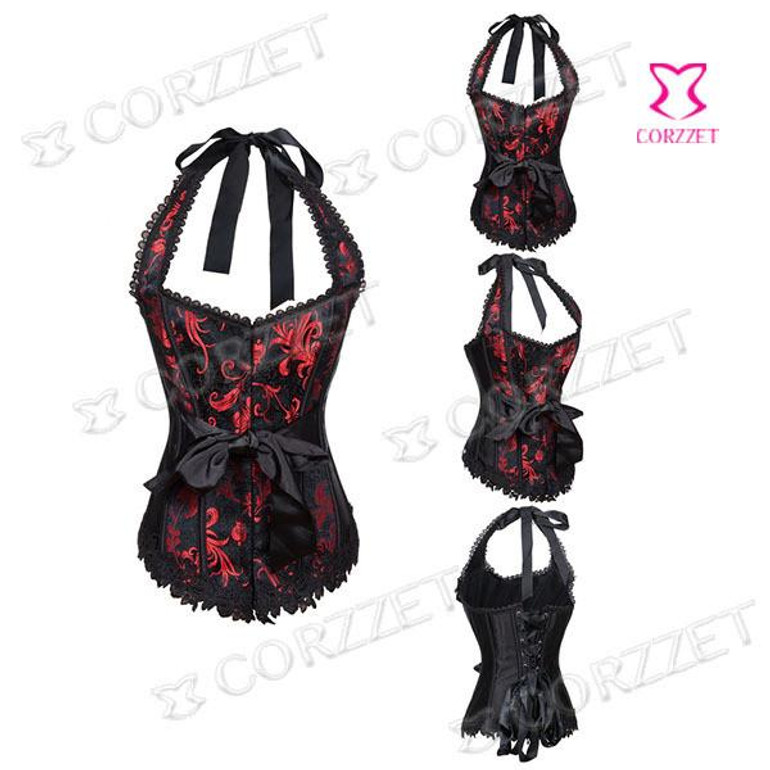 Embroidered Brocade Red and Black Corset Bustier Halter Tops Gothic Clothing Burlesque Corsets Women Espartilho E Corselets