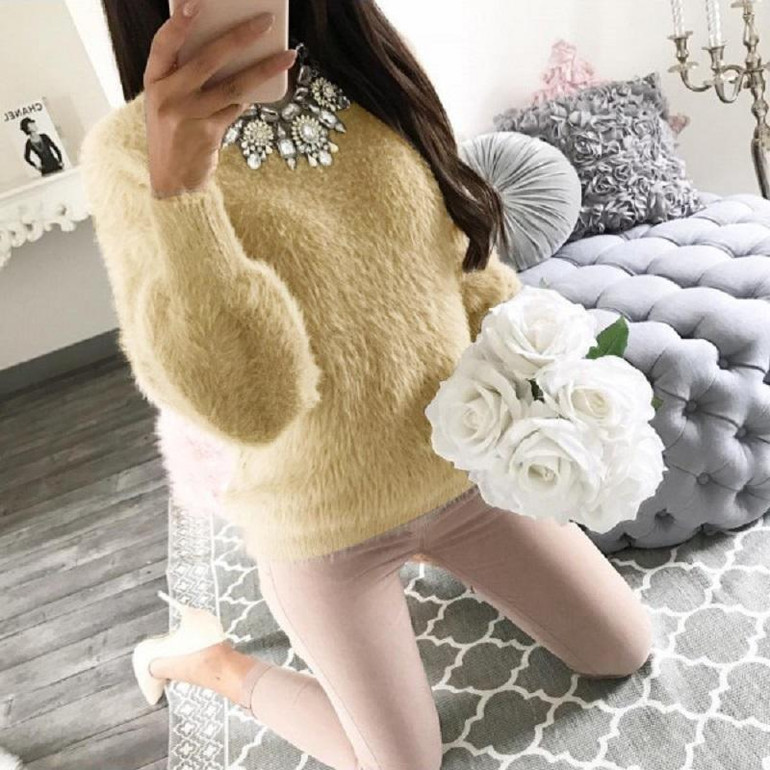 ELSVIOS Women Fleece Warm Autumn Winter Sweater Fashion O Neck Long Sleeve Knitted Sweaters Casual Solid Elegant Pullovers Tops