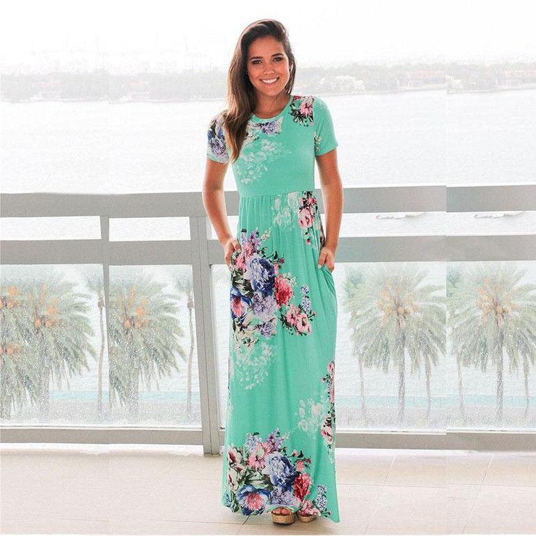 ELSVIOS Women Bohemia Floral Print Long Dress Women Short Sleeve O Neck Beach Boho Long Dress Loose Maxi Dress Vestido Plus Size