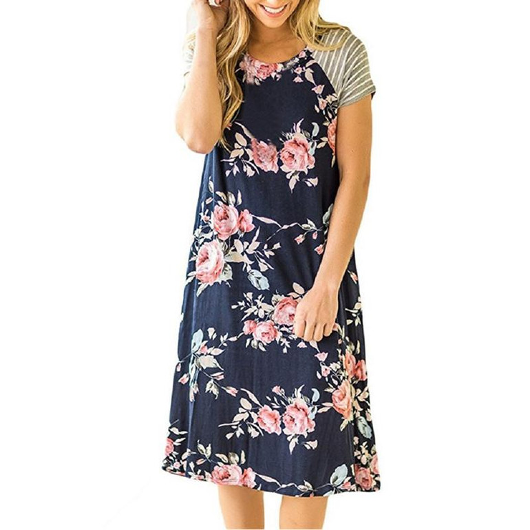 ELSVIOS Summer Floral Printed Loose A-Line Dress Women O Neck Short Sleeve Patchwork Dresses Casual Sundress Female Vestidos