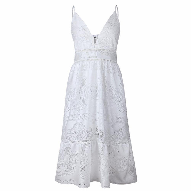 ELSVIOS Fashion Strap Backless Women Dress 2018 Summer Sexy V Neck button Lace Dresses Casual White Beach Dress Female Vestidos ELSVIOS Fashion Strap Backless Women Dress 2018 Summer Sexy V Neck button Lace Dresses Casual White Beach Dress Female Vestidos