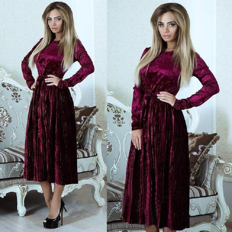 ELSVIOS 2018 Spring Velvet Pleated Dress Women Winter Autumn Robe Velours Elegant Vintage Belted Long Sleeve Dress With Sashes