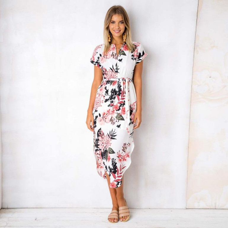 ELSVIOS 2018 Sexy V-Neck Printed Section Dress Women Summer Beach Dress Casual Short Sleeve Dresses With Belt Vestidos 6 colors