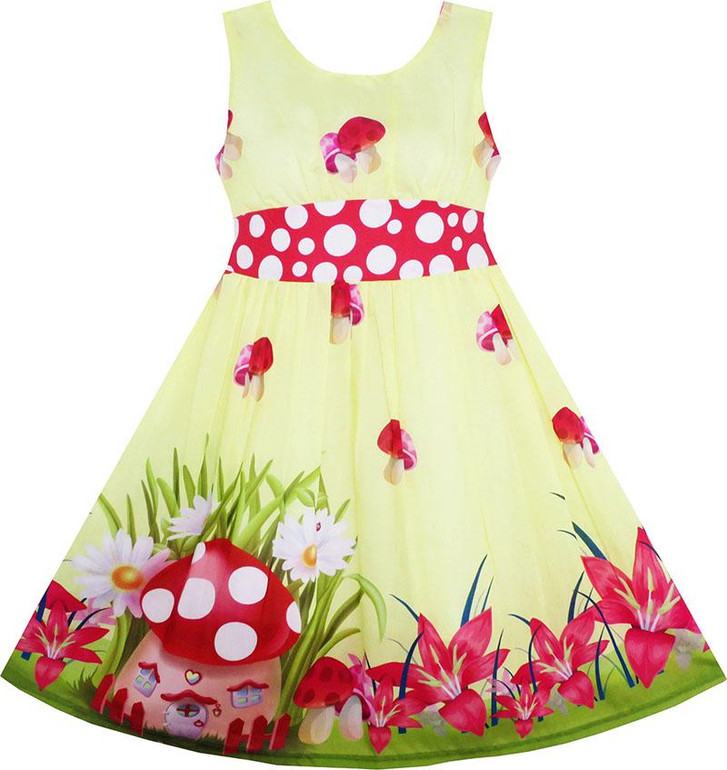 Girls Dress Mushroom Flower Grass Polka Dot Belt Yellow 2018 Summer Princess Wedding Party Dresses Girl Clothes Size 4-12