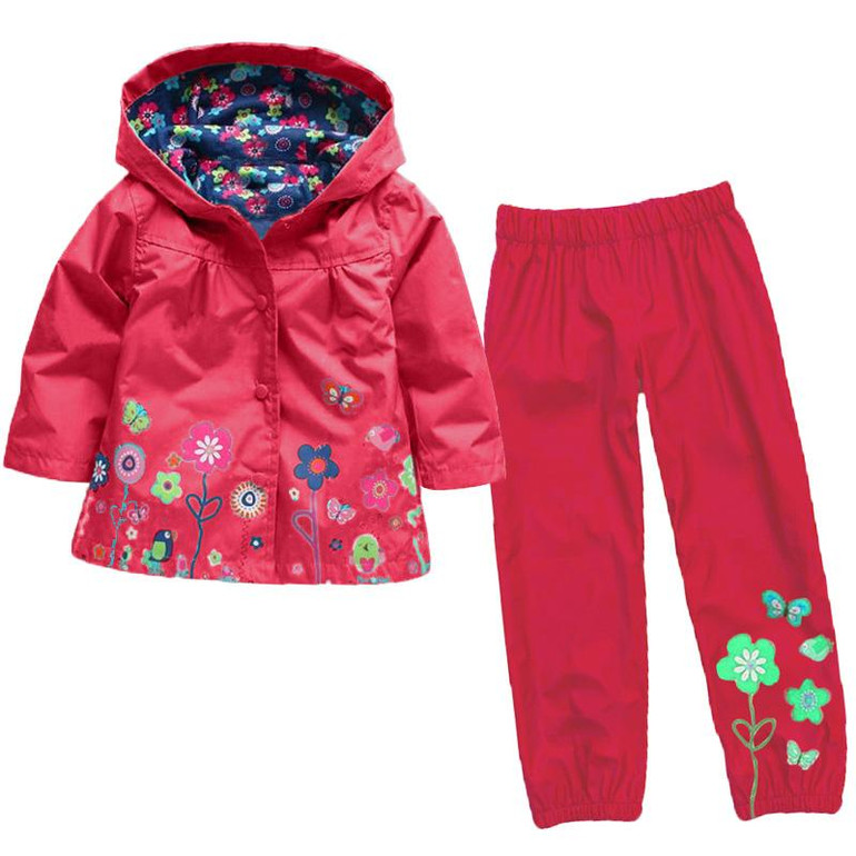 Girls Clothes Sets Autumn Children Clothing Boy Raincoat Sport Suit Print Long Sleeve Waterproof Girls Jacket+Pants Kids Clothes