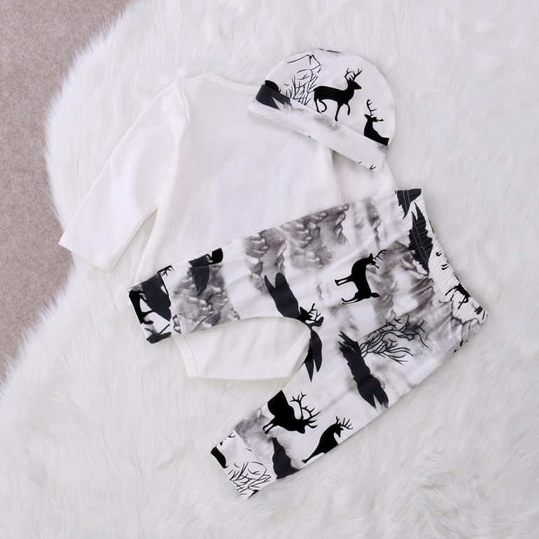 Newborn Baby Girl Boy Deer Printing Romper Pants Leggings hat 3pcs Cute Kids Outfits Set Clothes