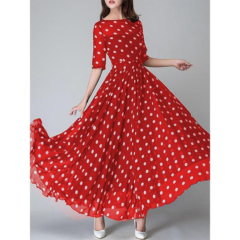 Round Neck  Ruffled Hem  Printed Maxi Dress