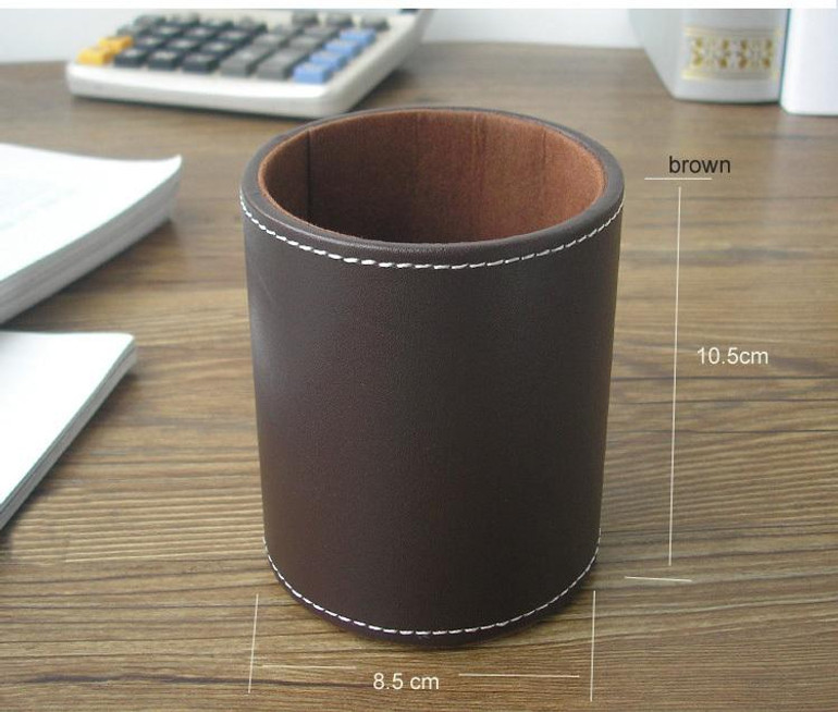 round leather pen pencil box case desk stationery organizer holder office accessories brown 2040