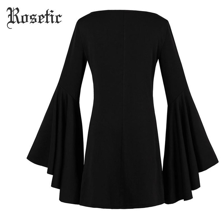 Rosetic Gothic Mini Dress Halloween Black Women Flare Sleeve Autumn Casual Dress Goth Fashion Witch Vampire Gothics Mini Dress