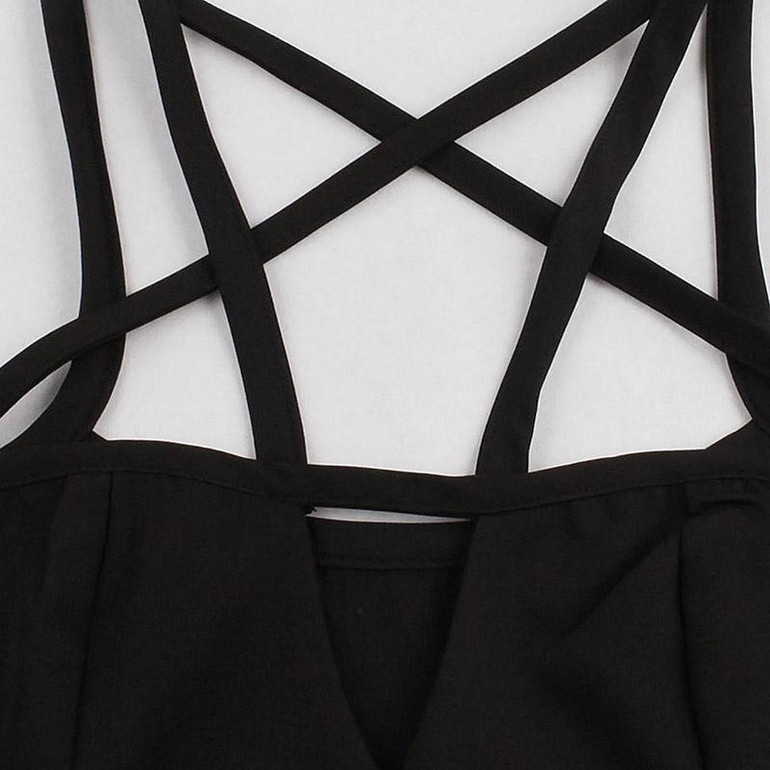 Rosetic Gothic Sexy Bandage Dress Black A-Line Pentagram Straps Hollow Fashion Waist Slim Sleeveless Gothic Party Summer Dresses