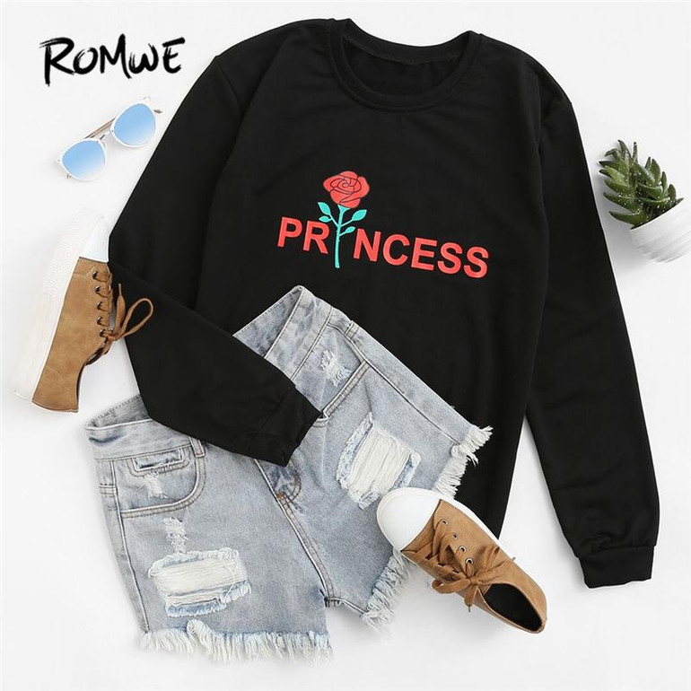 ROMWE Rose Letter Print Sweatshirt Pullovers Black Casual Women Long Sleeve Tops Fall 2018 Fashion New O Neck Regular Sweatshirt