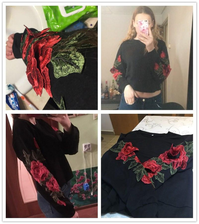 ROMWE Rose Embroidery Sweatshirt Women Vintage Black Long Sleeve Autumn Pullover 2018 New Applique Casual O Neck Sweatshirt