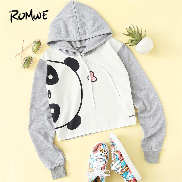 ROMWE Panda Print Front Contrast Sleeve Hoodie 2018 Grey Graphic Long Sleeve Women Pullover Top New Cute Sweatshirt