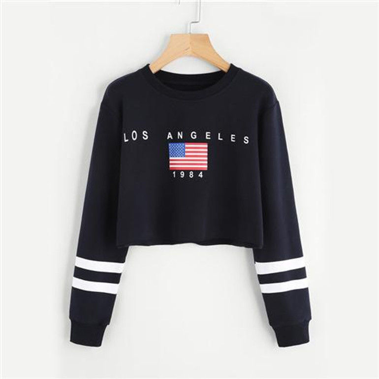 ROMWE Letter American Flag Print Varsity Striped Crop Black Sweatshirt Spring Fall Women O-Neck Long Sleeve Casual Sweatshirt