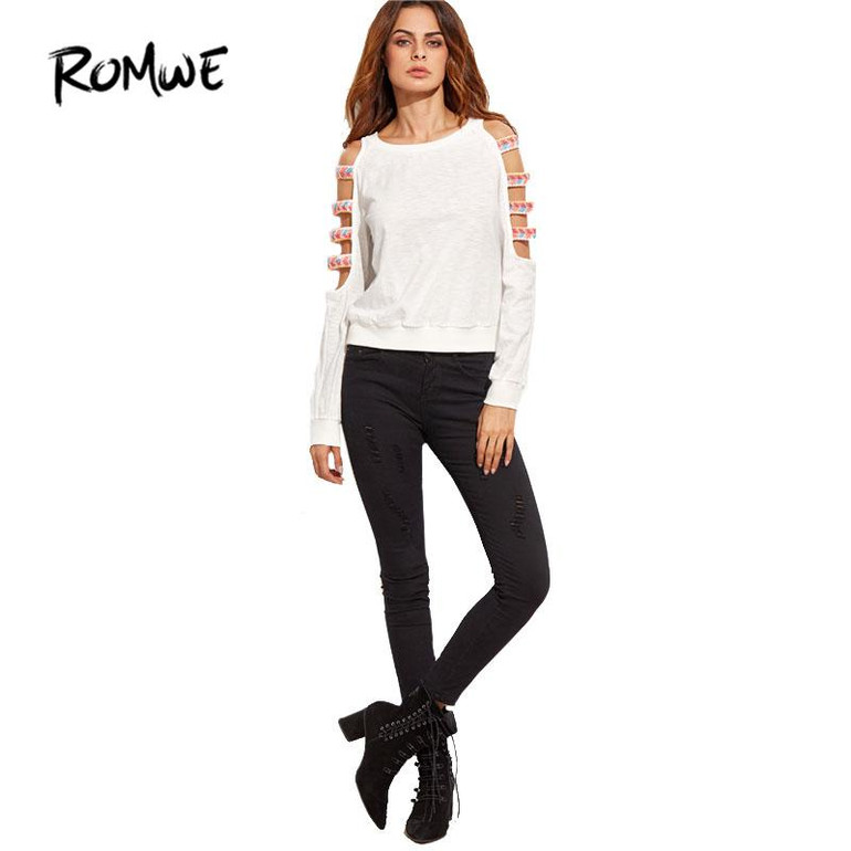 ROMWE Hollow Out Sleeve Embroidered Sweatshirt Long Sleeve Autumn Pullover 2017 Cold Shoulder Round Neck Sweatshirt