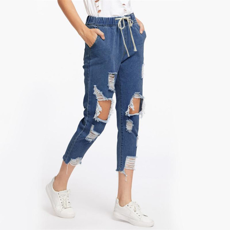 ROMWE Drawstring Waist Ripped Jeans For Women Blue Extreme Destroyed Casual Crop Denim Pants Fall Tapered Jeans