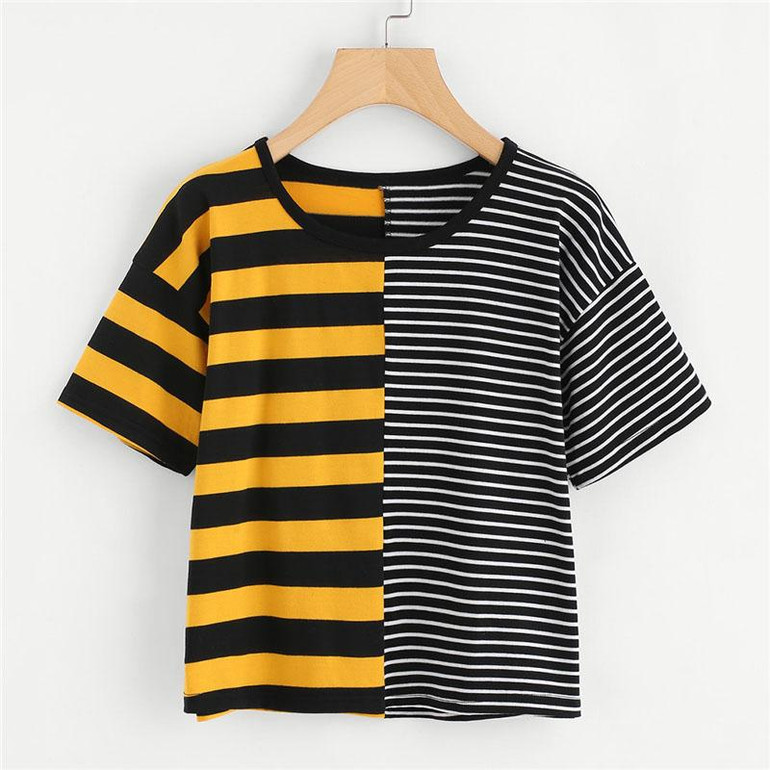 ROMWE Contrast Striped Tee Shirt 2018 Summer Round Neck Short Sleeve Casual Female Top Multicolor Stretchy Crop T Shirt