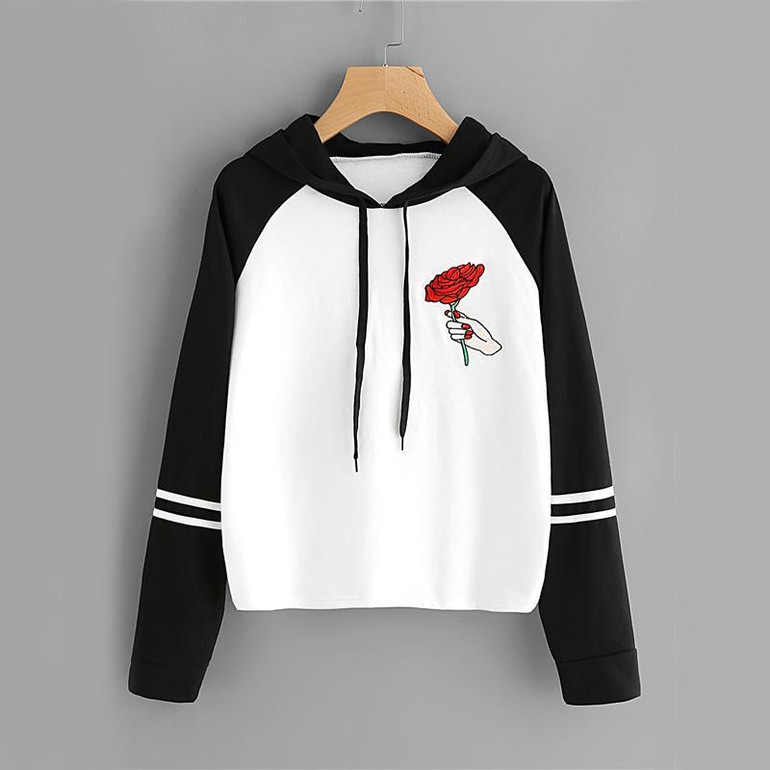 ROMWE Contrast Striped Sleeve Hoodies Women Rose Print Hoodie Patchwork Sweatshirt 2017 Autumn New Graphic Long Sleeve Hoodies