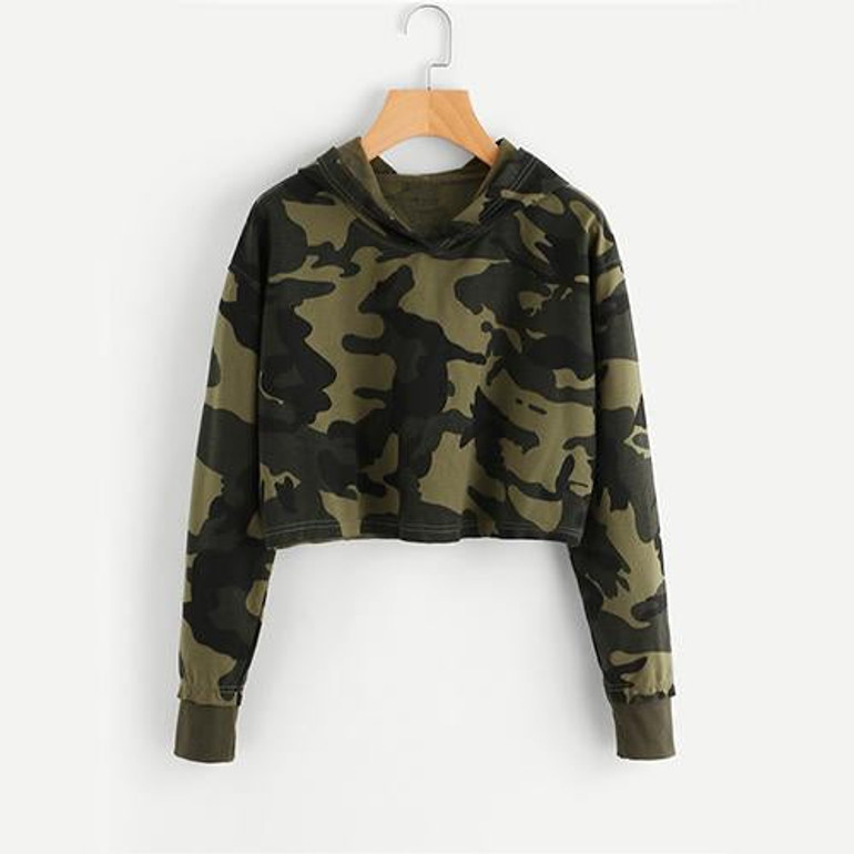 ROMWE Camo Print Crop Hoodie Green Long Sleeve Sexy Casual Women Hooded Sweatshirt Fall 2018 New Fashion Short Brief Hoodies