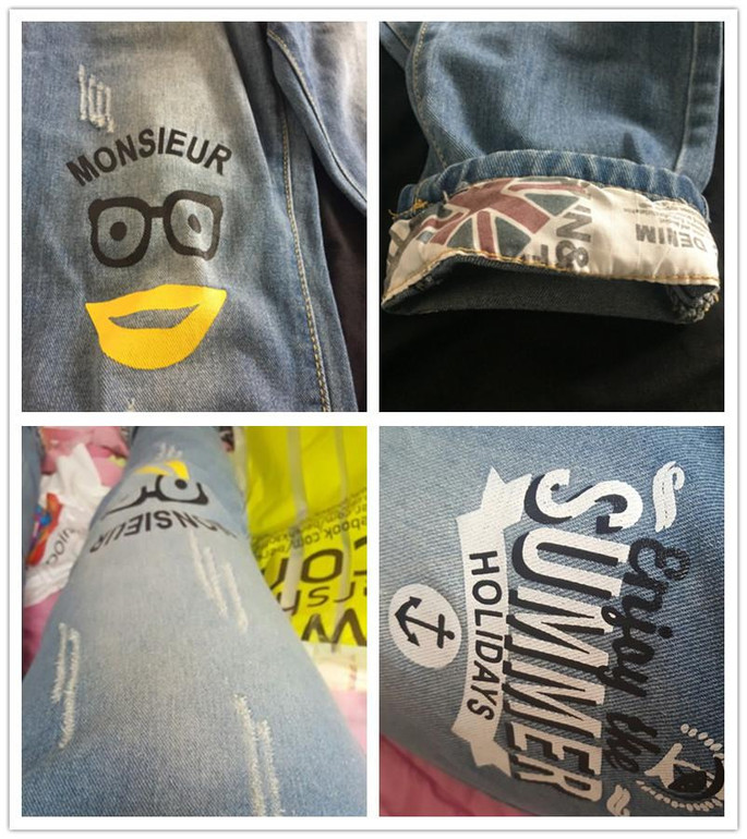 ROMWE Blue Letter Print Drawstring Waist Cuffed Jeans 2018 New Straight Leg Cropped Casual Women Pants Mid Waist Ripped Jeans