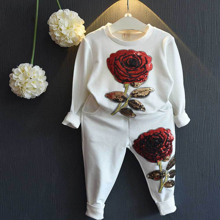 JSWANKY Children Clothing Autumn Roses Floral Embroidered Sequinsets Kids Clothes Long Sleeve T Shirt+Pants Girls Outfits Sets