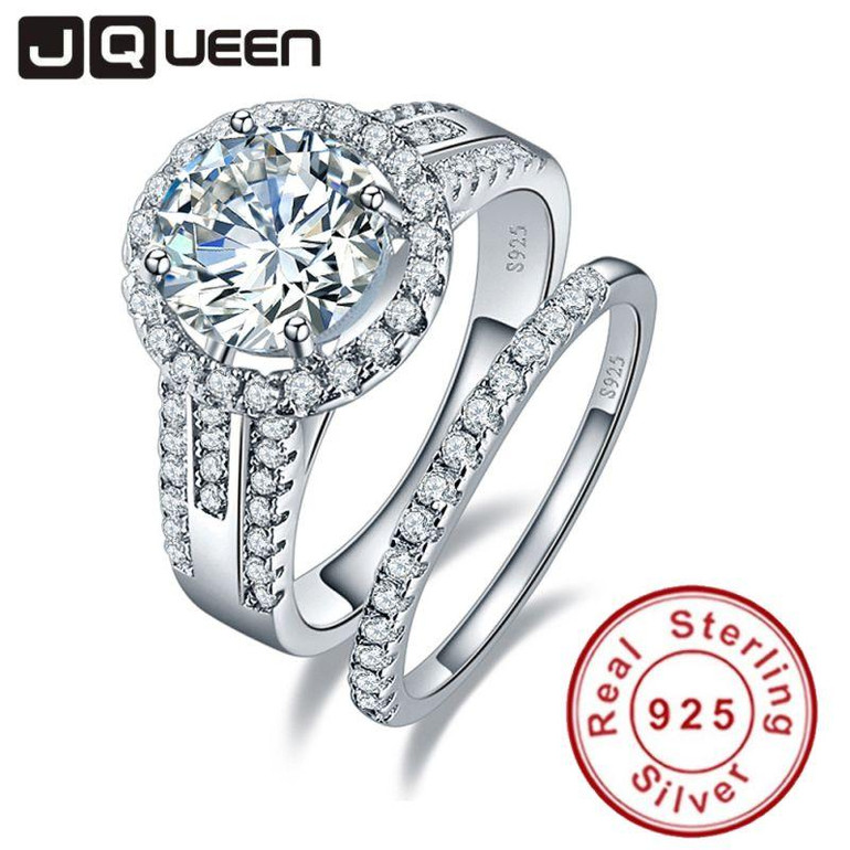 JQueen 3.45ct 925 Sterling Silver ring set vintage ring Round White Topaz jewelry Wedding Rings For Women s925 silver