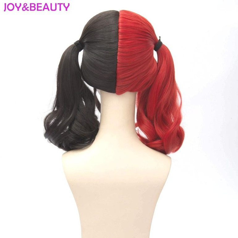 JOY&amp;BEAUTY Hair Harleen Quinzel Harley Quinn Cosplay Wig 45cm Short Red Black Mixed Synthetic Hair Wig