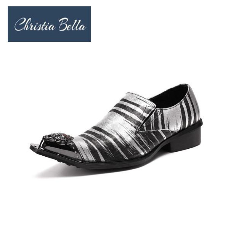 Christia Bella Fashion Metal Iron Poined Toe Mens Dress Shoes Zebra Print Genuine Leather Men Shoes Italian Business Oxford Shoe