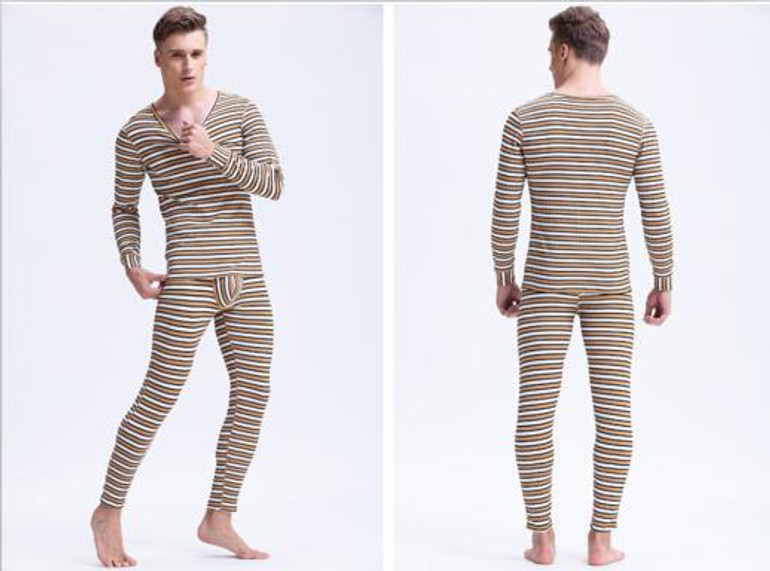 Mr.Gun Men Striped Long Johns Underwear Set Winter Suits Round Neck Base Layer for Man Thermo Underwear Warm Intimates Fashion