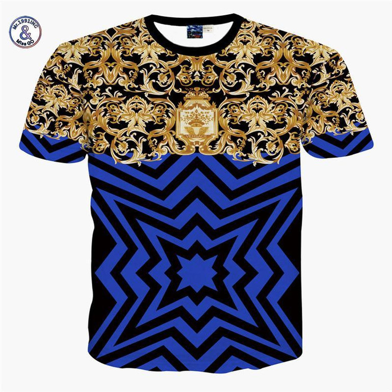 Mr.1991INC&amp;Miss.GO Summer New Mr GUGU &amp; Mis GO versa T Shirt 3D Gold flower Du Jin Sha printing T-shirt Tops Tees